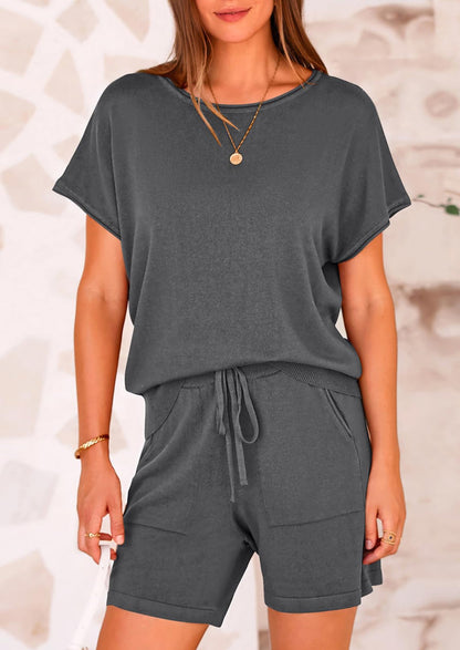 Osonn Two Piece Set for Women Summer Lounge Sets Shorts And Short Sleeve Tops Knitted Matching Travel Spring Outfits