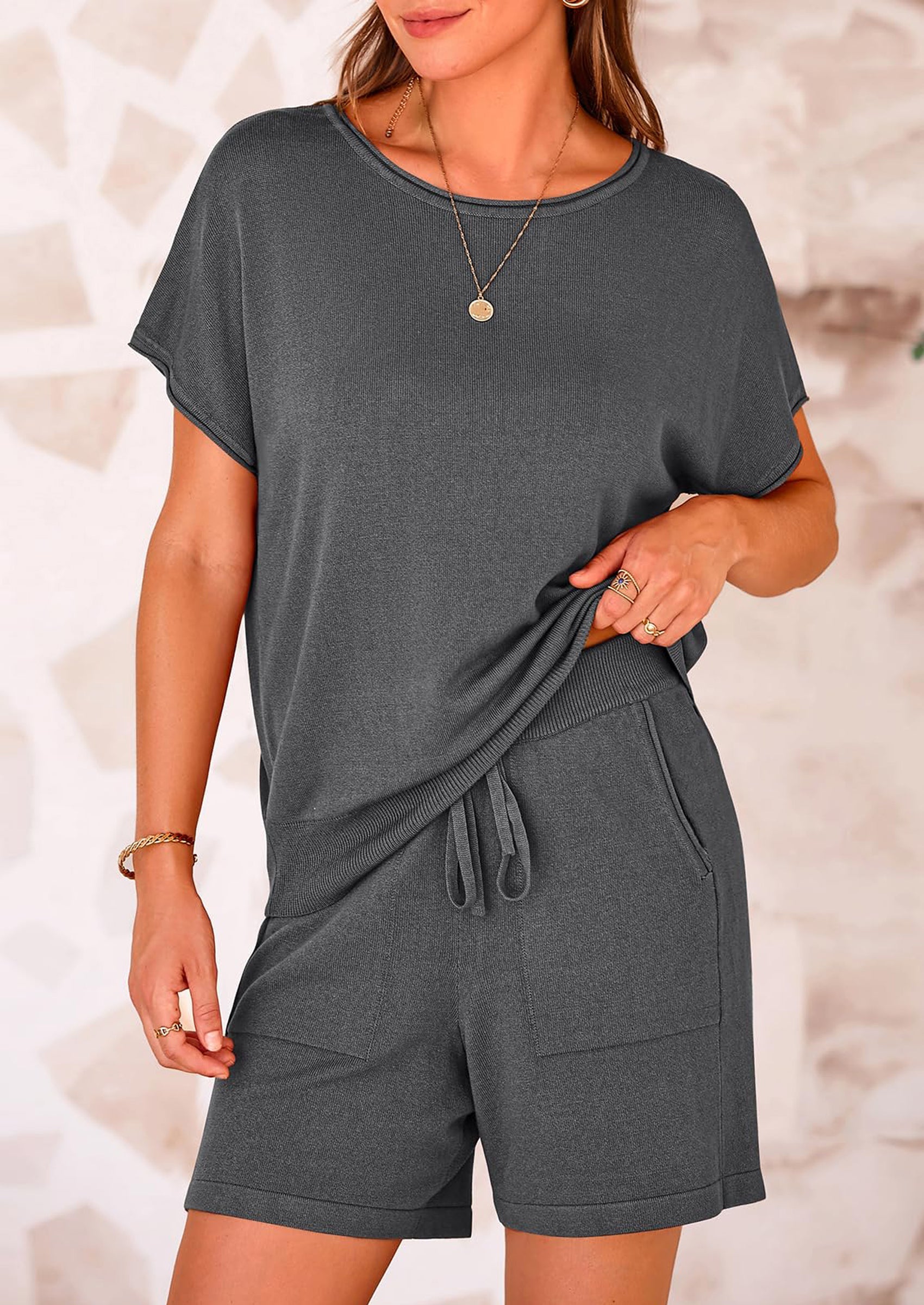 Osonn Two Piece Set for Women Summer Lounge Sets Shorts And Short Sleeve Tops Knitted Matching Travel Spring Outfits