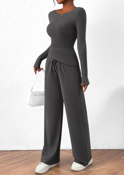 Osonn Women's 2 Piece Lounge Sets Asymmetrical Long Sleeve T Shirt Wide Leg Pants Casual Outfits Tracksuit