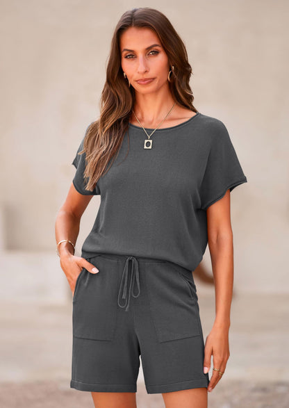 Osonn Two Piece Set for Women Summer Lounge Sets Shorts And Short Sleeve Tops Knitted Matching Travel Spring Outfits