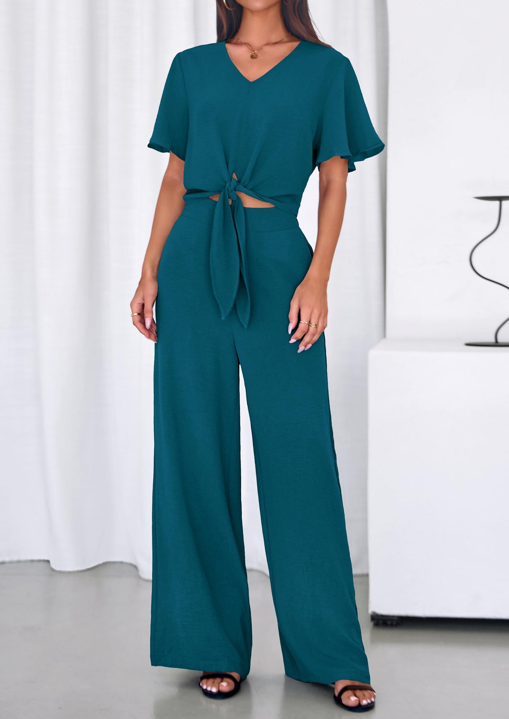 Osonn Women 2 Piece Summer Outfits Short Sleeve Strappy Top Wide Leg Pants Tracksuit Lounge Sets Beach Clothes