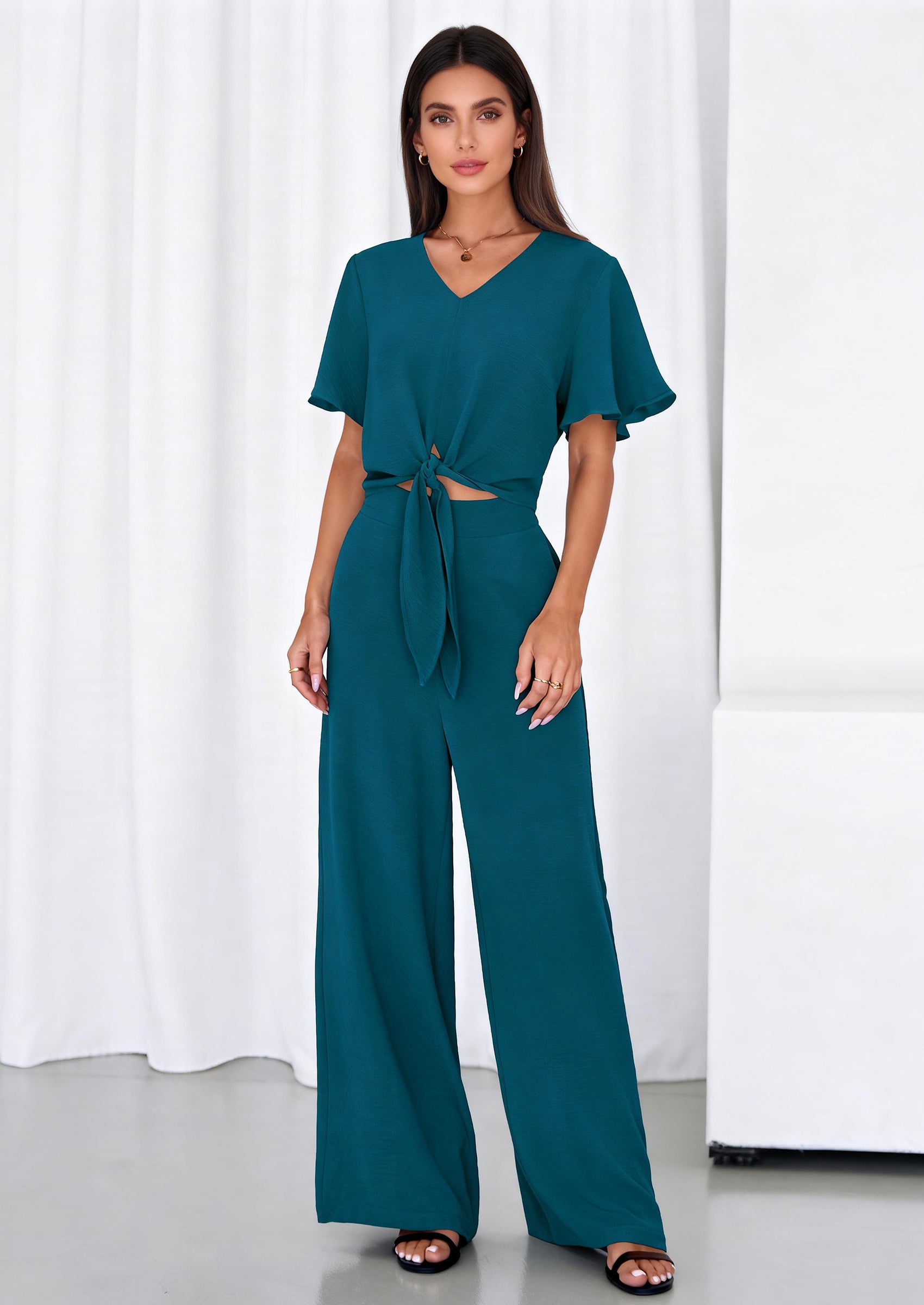 Osonn Women 2 Piece Summer Outfits Short Sleeve Strappy Top Wide Leg Pants Tracksuit Lounge Sets Beach Clothes