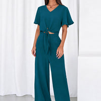 Osonn Women 2 Piece Summer Outfits Short Sleeve Strappy Top Wide Leg Pants Tracksuit Lounge Sets Beach Clothes