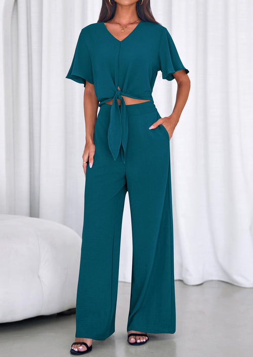 Osonn Women 2 Piece Summer Outfits Short Sleeve Strappy Top Wide Leg Pants Tracksuit Lounge Sets Beach Clothes