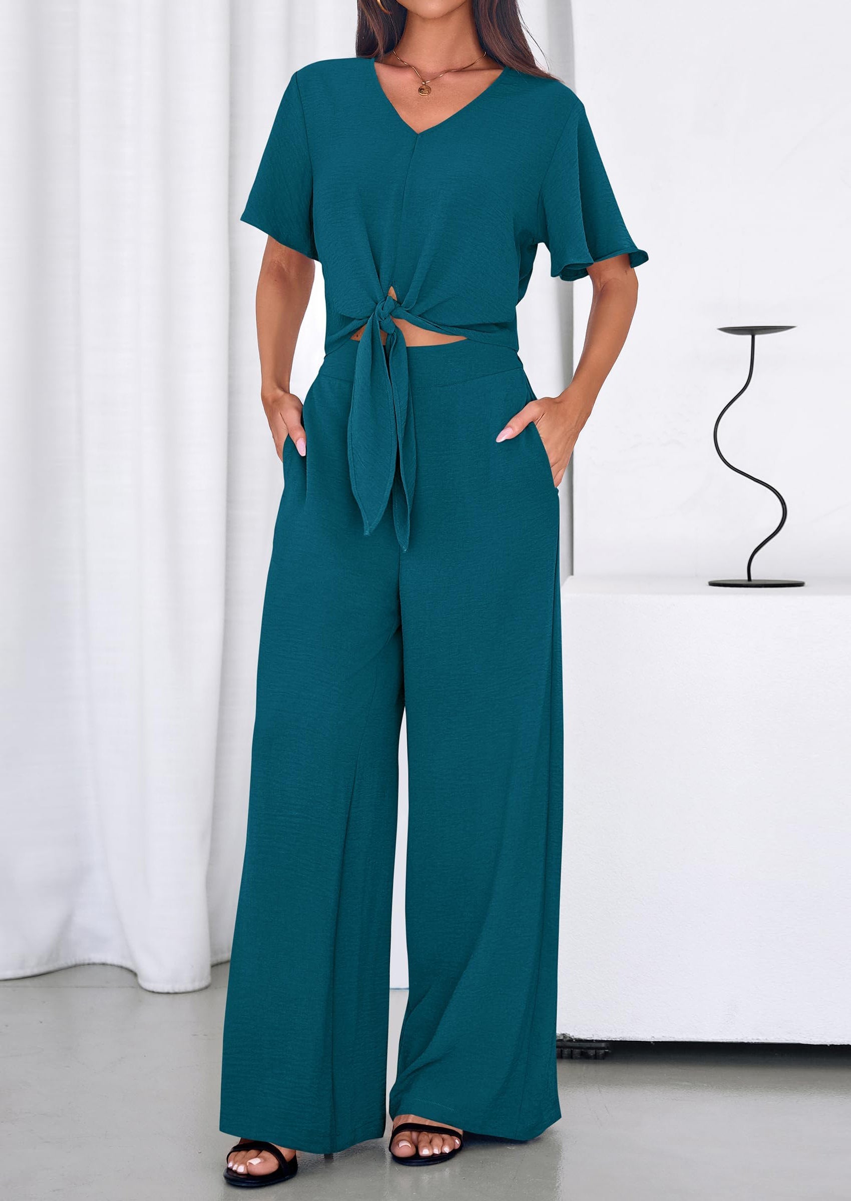 Osonn Women 2 Piece Summer Outfits Short Sleeve Strappy Top Wide Leg Pants Tracksuit Lounge Sets Beach Clothes