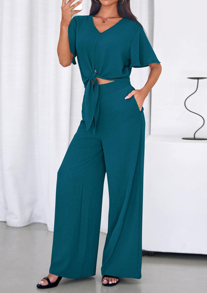 Osonn Women 2 Piece Summer Outfits Short Sleeve Strappy Top Wide Leg Pants Tracksuit Lounge Sets Beach Clothes