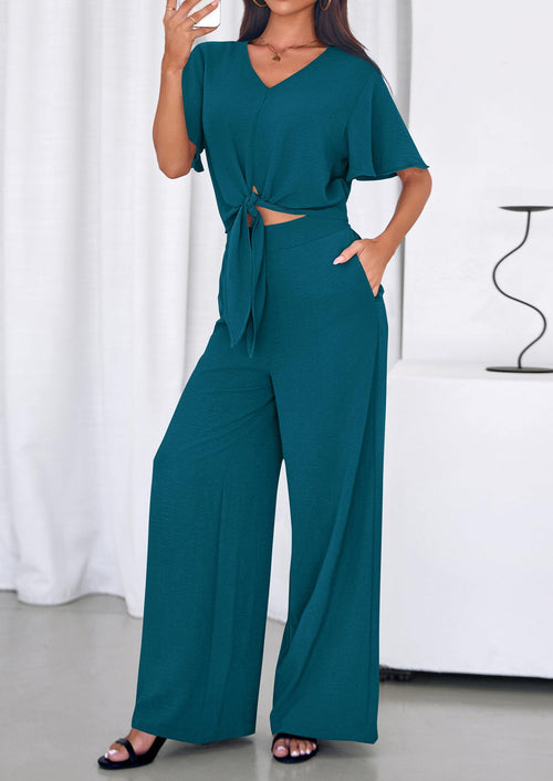 Osonn Women 2 Piece Summer Outfits Short Sleeve Strappy Top Wide Leg Pants Tracksuit Lounge Sets Beach Clothes
