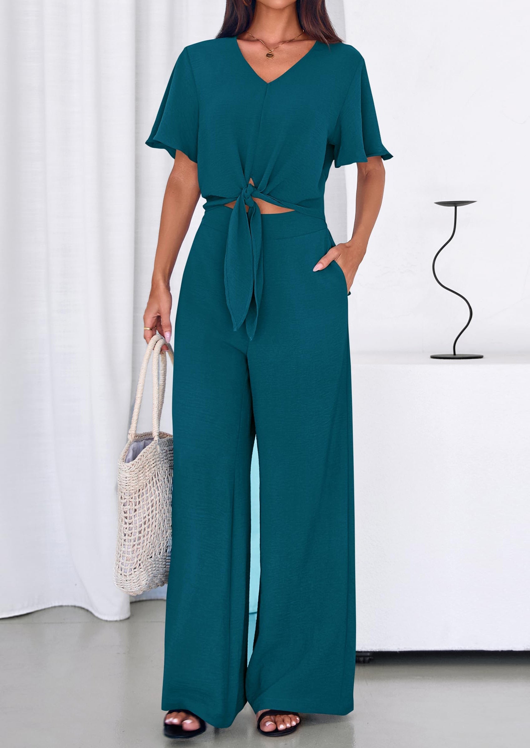 Osonn Women 2 Piece Summer Outfits Short Sleeve Strappy Top Wide Leg Pants Tracksuit Lounge Sets Beach Clothes