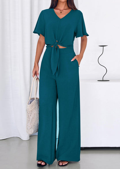 Osonn Women 2 Piece Summer Outfits Short Sleeve Strappy Top Wide Leg Pants Tracksuit Lounge Sets Beach Clothes