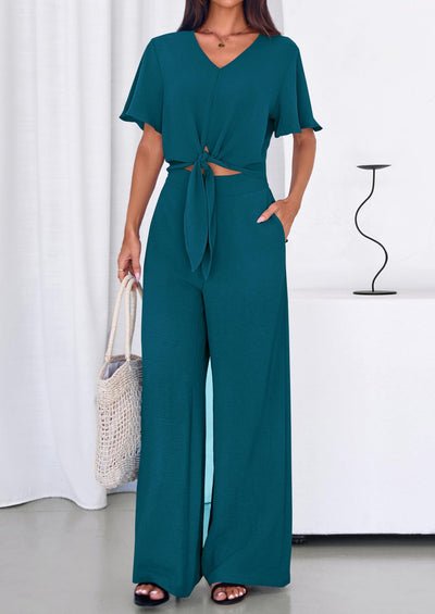 Osonn Women 2 Piece Summer Outfits Short Sleeve Strappy Top Wide Leg Pants Tracksuit Lounge Sets Beach Clothes