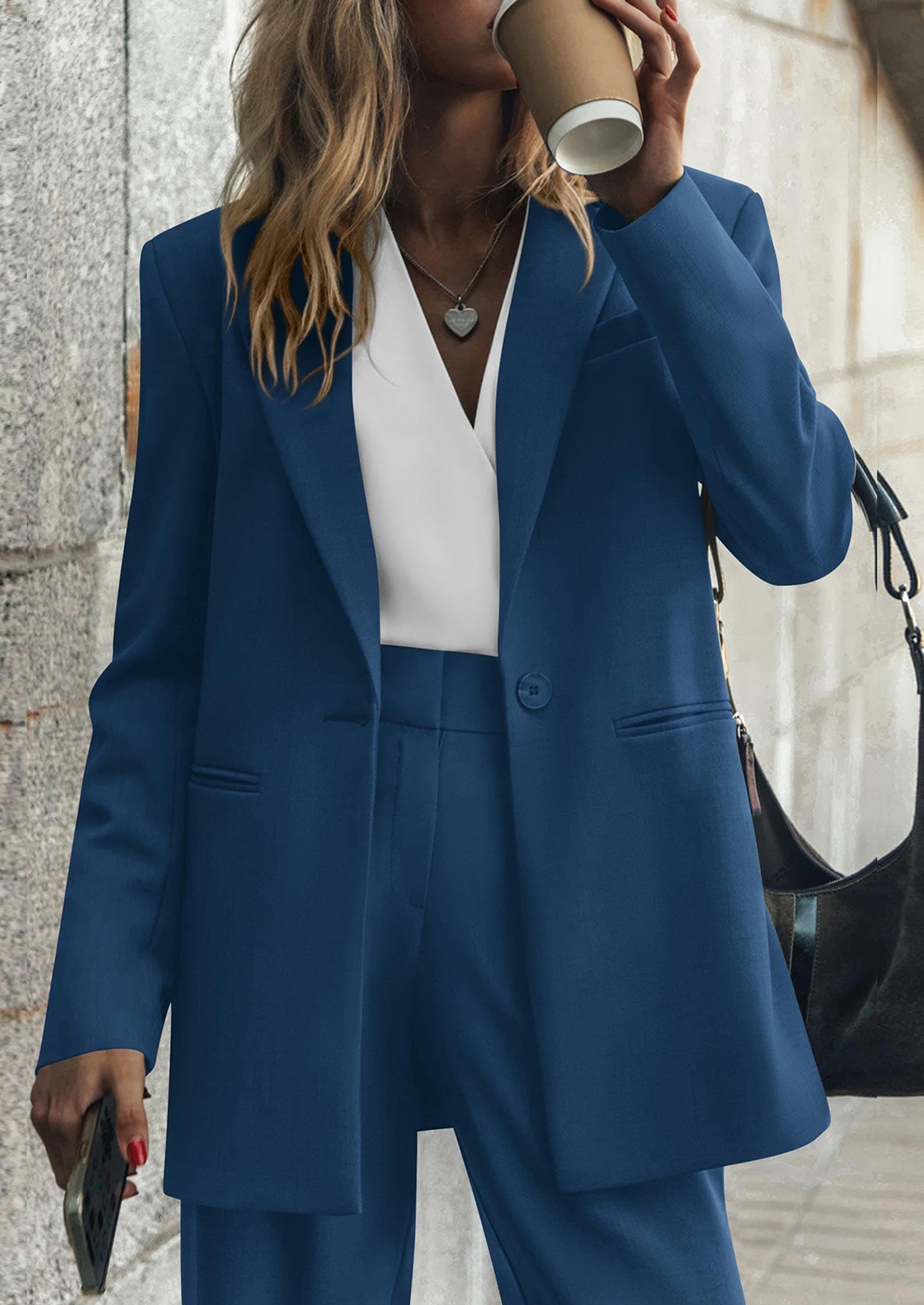 Osonn Women's Fall Two Piece Outfits Dressy Blazer Jacket and Wide Leg Pants Pockets Business Casual Office Suit Sets