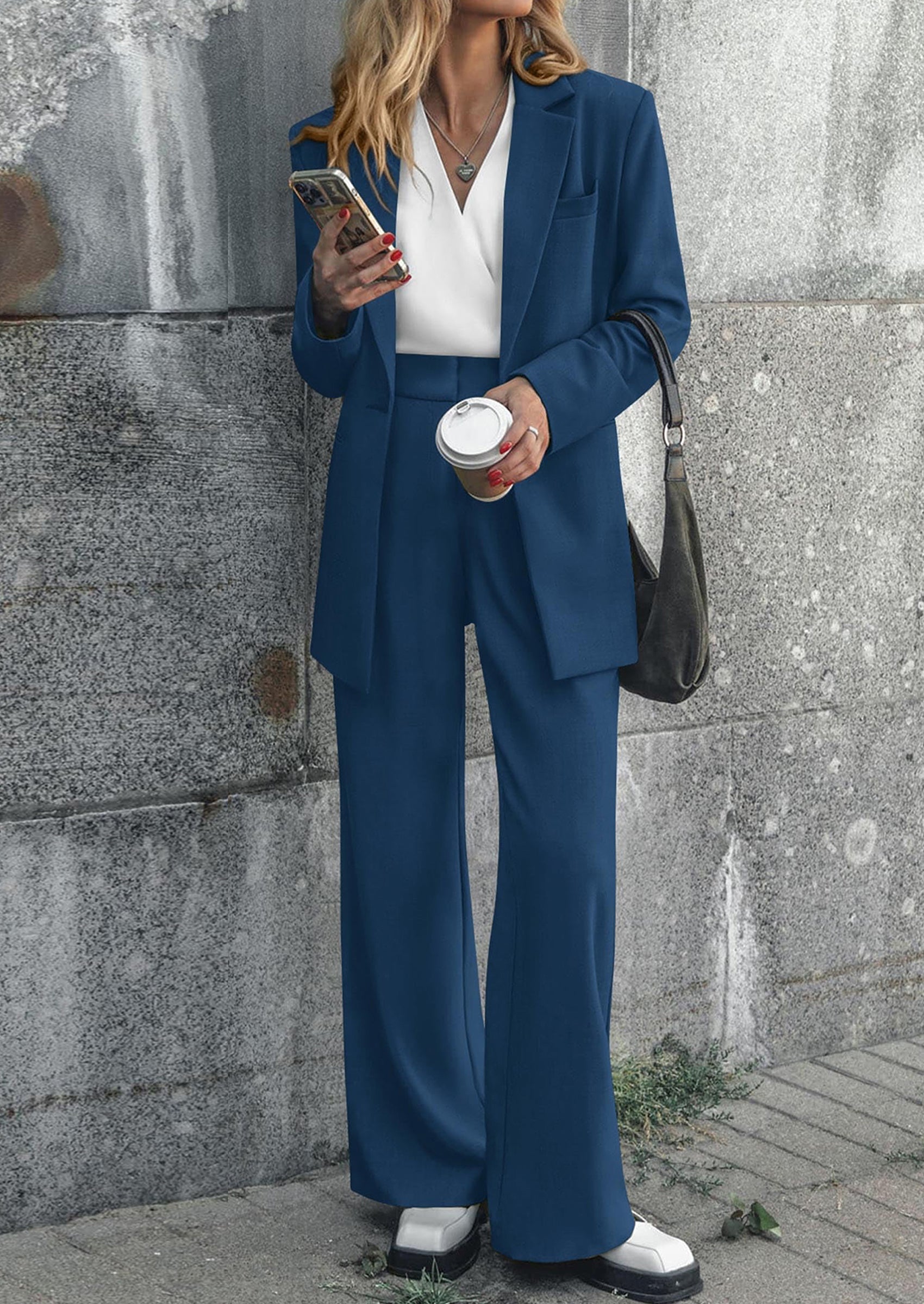 Osonn Women's Fall Two Piece Outfits Dressy Blazer Jacket and Wide Leg Pants Pockets Business Casual Office Suit Sets