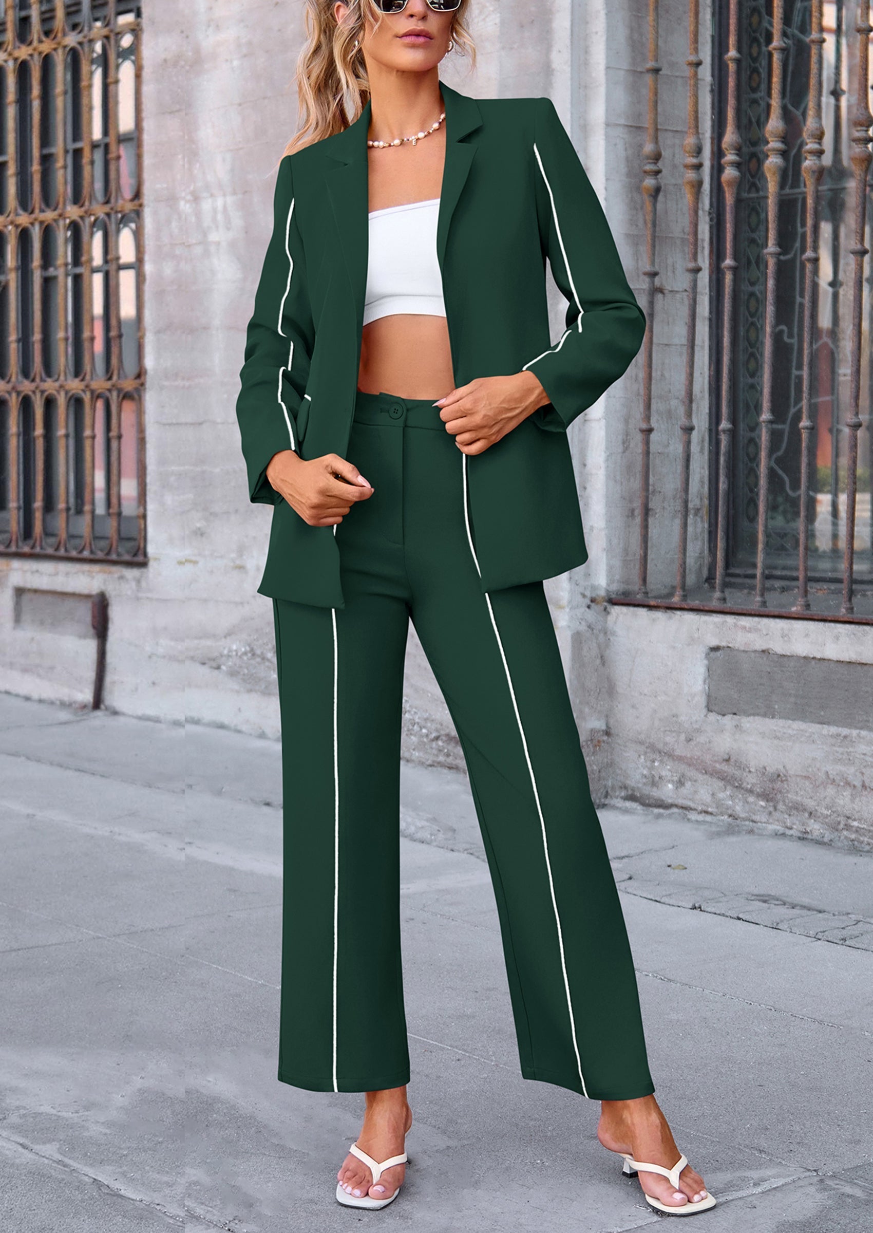 Osonn 2 Piece Blazer Outfits Business Casual Oversized Jacket Wide Leg Work Pants Dressy Suit Set