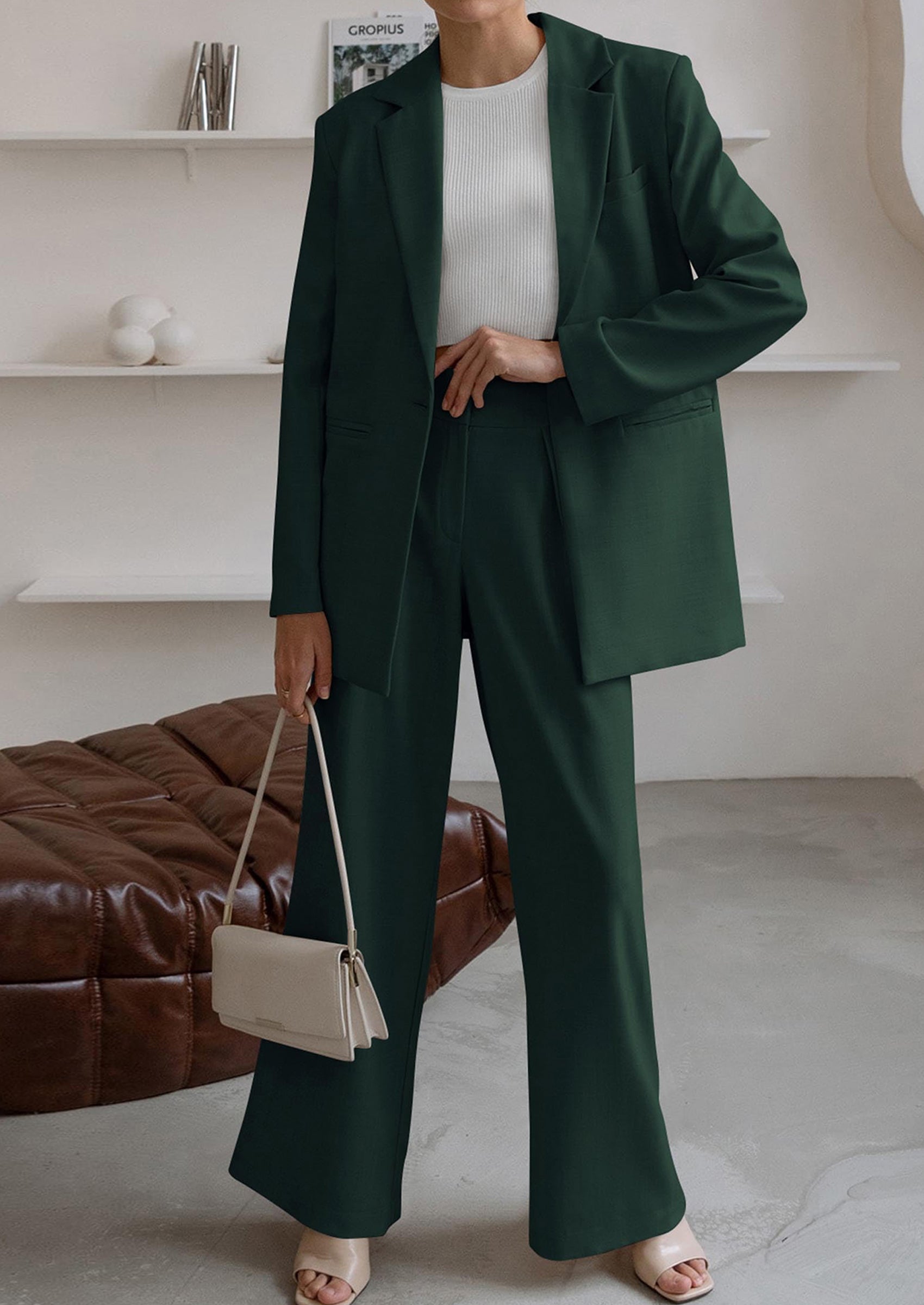 Osonn Women's Fall Two Piece Outfits Dressy Blazer Jacket and Wide Leg Pants Pockets Business Casual Office Suit Sets