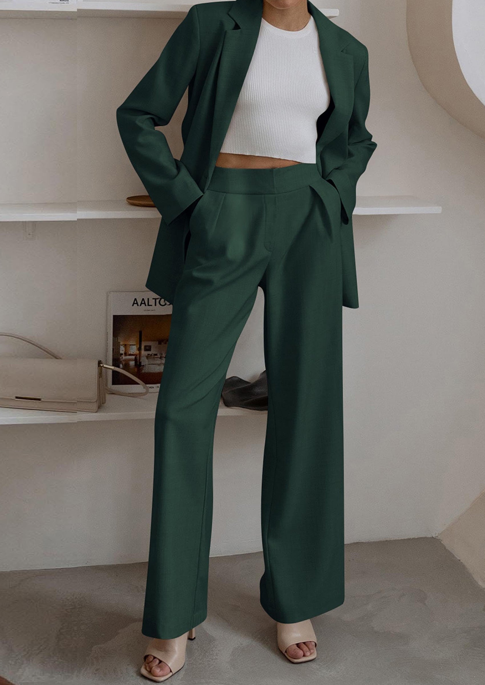 Osonn Women's Fall Two Piece Outfits Dressy Blazer Jacket and Wide Leg Pants Pockets Business Casual Office Suit Sets