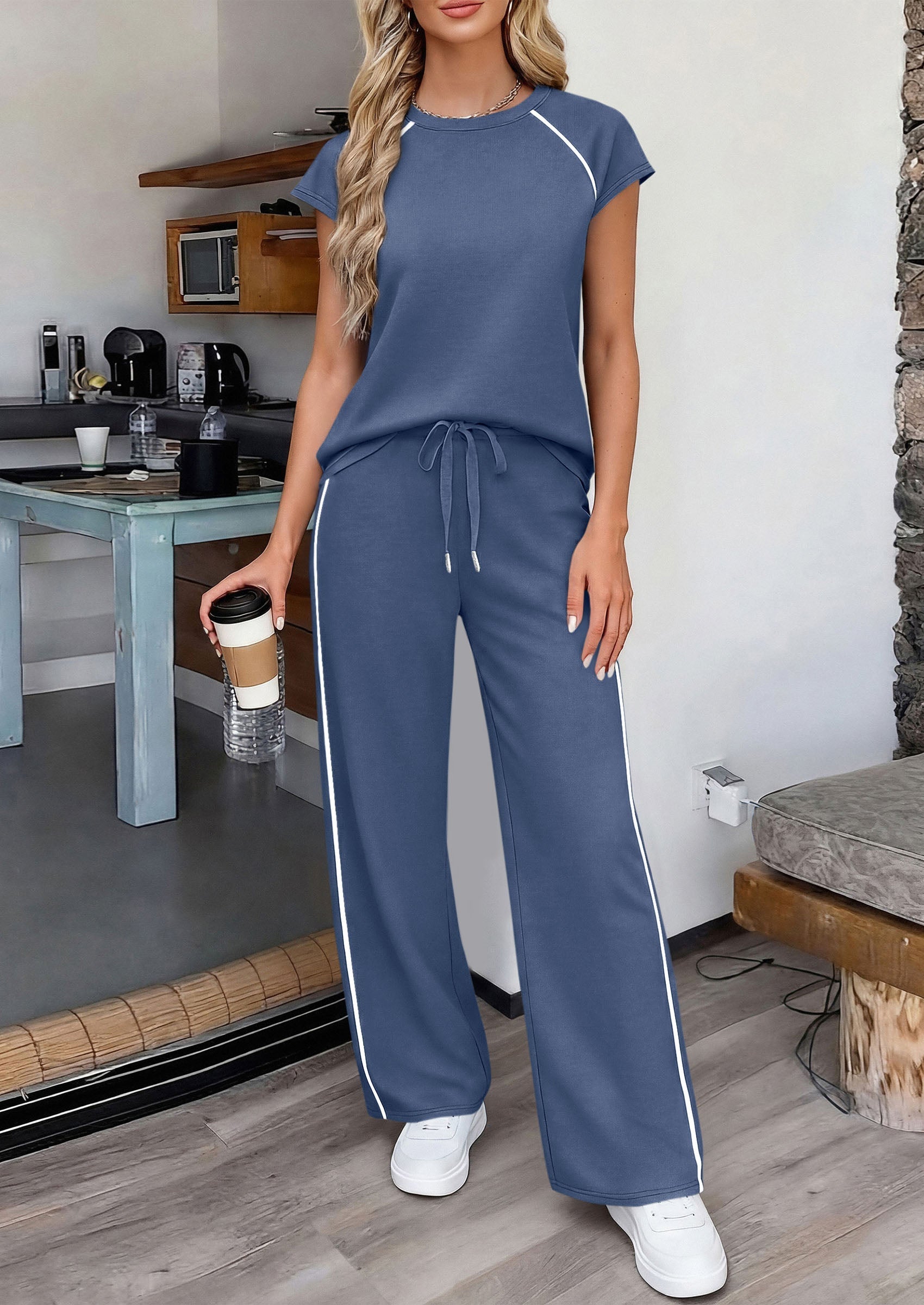 Osonn Women's 2 Piece Lounge Sets Summer Cap Sleeve Tops Wide Leg Pants Travel Outfits Matching Fashion Clothing