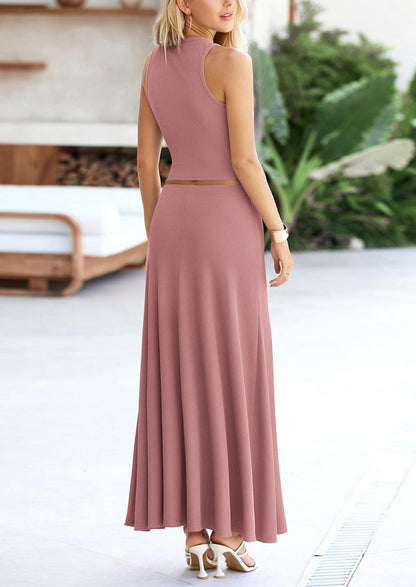 Osonn 2 Piece Maxi Skirt Sets Casual Knit Cropped Tank Top High Waisted Long Skirts Outfit