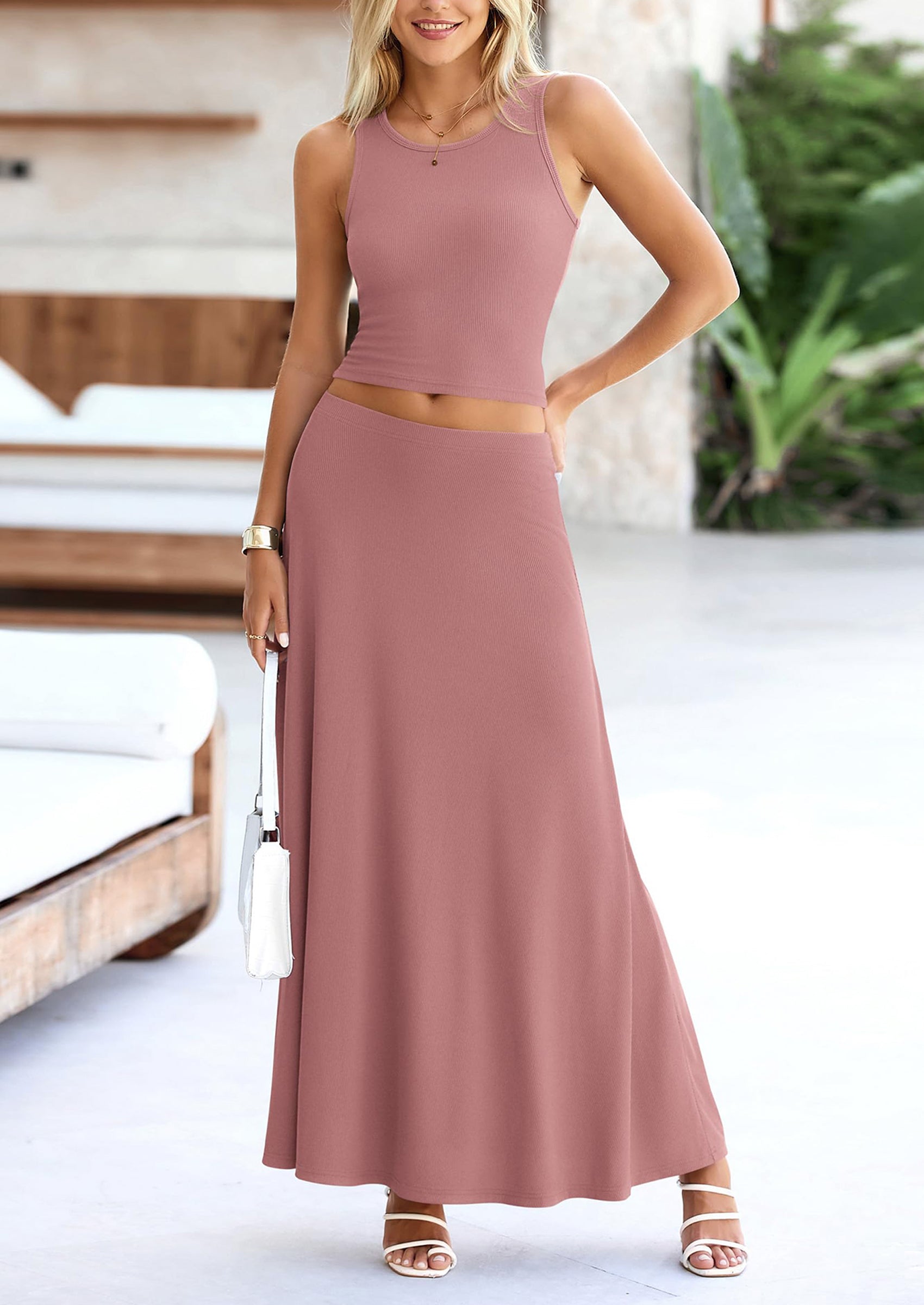 Osonn 2 Piece Maxi Skirt Sets Casual Knit Cropped Tank Top High Waisted Long Skirts Outfit