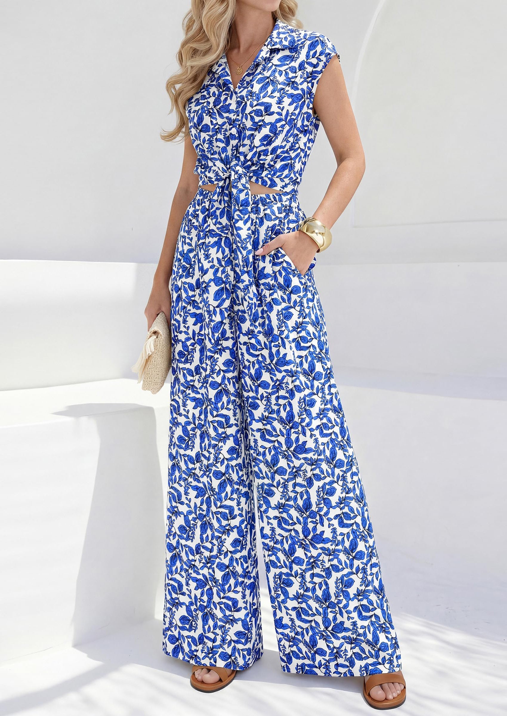 Osonn 2 Piece Sets For Women Summer Striped Button Down Tie Front Crop Tops Wide Leg Pants Floral Lounge Set