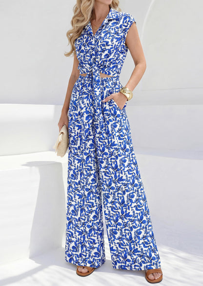 Osonn 2 Piece Sets For Women Summer Striped Button Down Tie Front Crop Tops Wide Leg Pants Floral Lounge Set