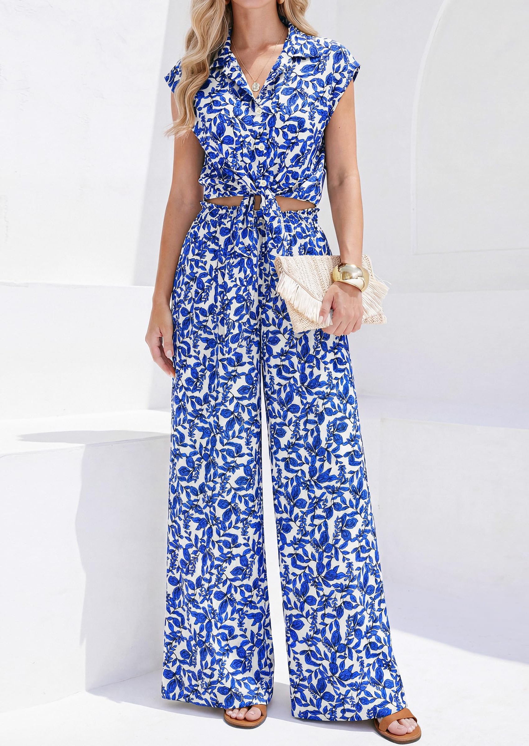 Osonn 2 Piece Sets For Women Summer Striped Button Down Tie Front Crop Tops Wide Leg Pants Floral Lounge Set