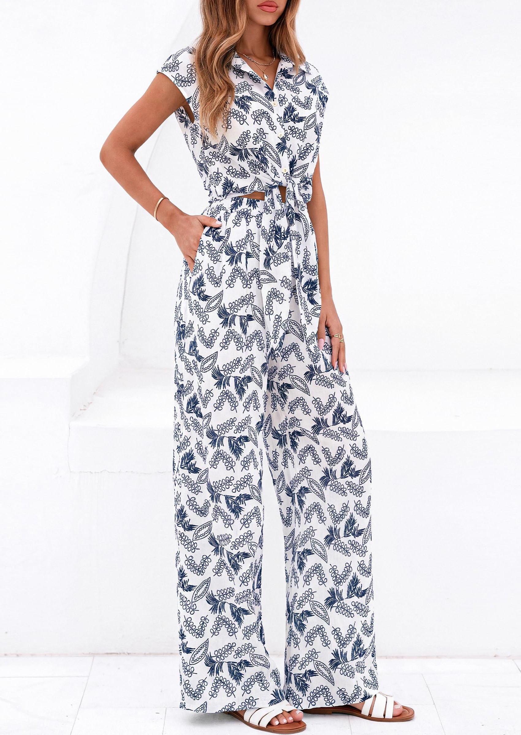 Osonn 2 Piece Sets For Women Summer Striped Button Down Tie Front Crop Tops Wide Leg Pants Floral Lounge Set