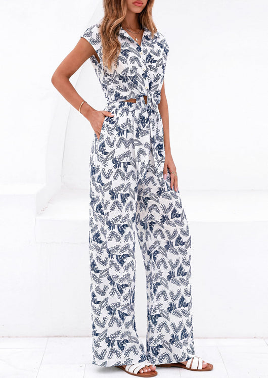Osonn 2 Piece Sets For Women Summer Striped Button Down Tie Front Crop Tops Wide Leg Pants Floral Lounge Set