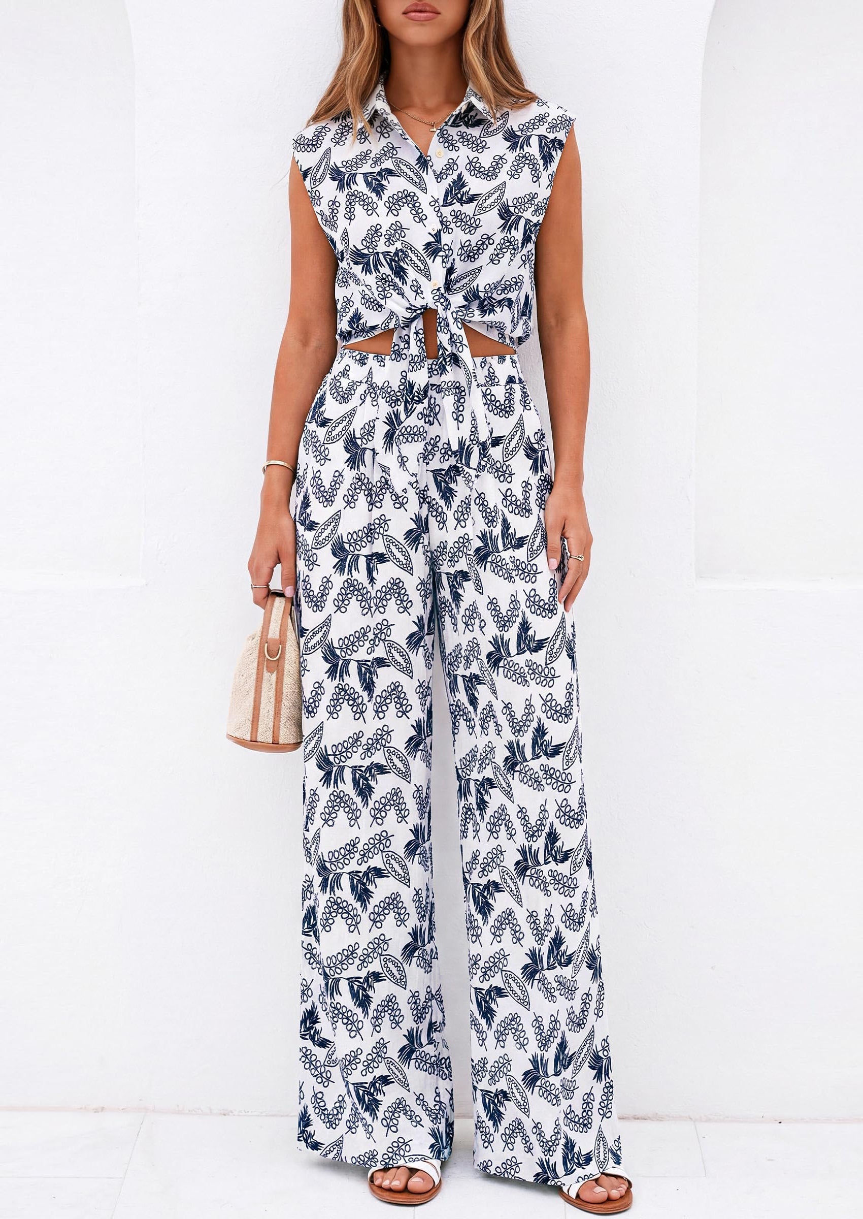 Osonn 2 Piece Sets For Women Summer Striped Button Down Tie Front Crop Tops Wide Leg Pants Floral Lounge Set