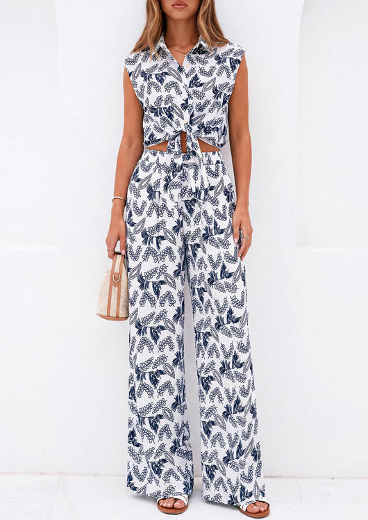 Osonn 2 Piece Sets For Women Summer Striped Button Down Tie Front Crop Tops Wide Leg Pants Floral Lounge Set
