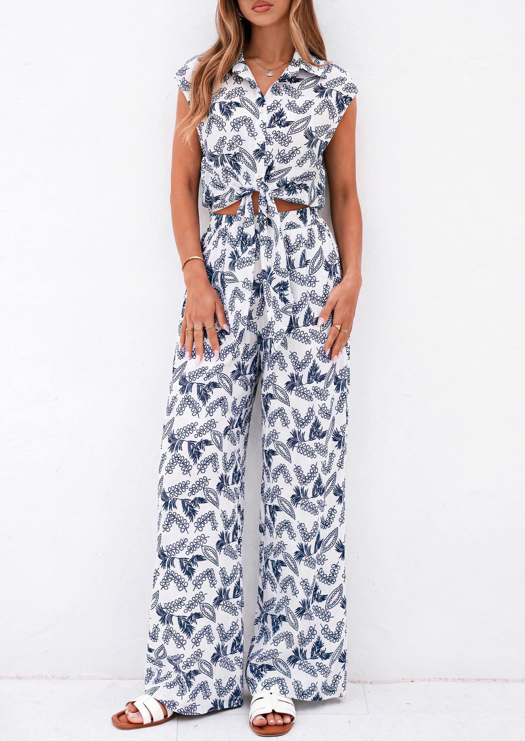Osonn 2 Piece Sets For Women Summer Striped Button Down Tie Front Crop Tops Wide Leg Pants Floral Lounge Set