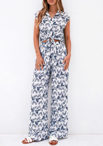 Osonn 2 Piece Sets For Women Summer Striped Button Down Tie Front Crop Tops Wide Leg Pants Floral Lounge Set