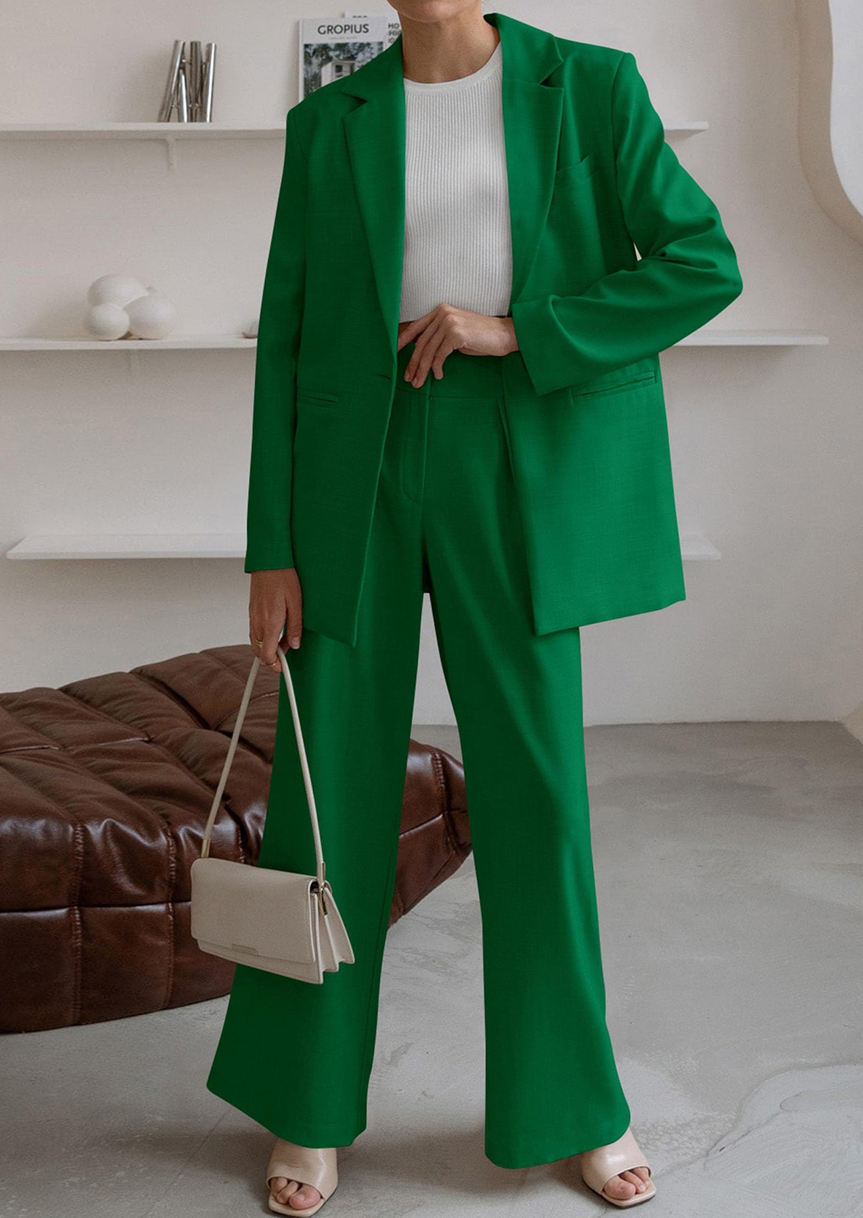 Osonn Women's Fall Two Piece Outfits Dressy Blazer Jacket and Wide Leg Pants Pockets Business Casual Office Suit Sets