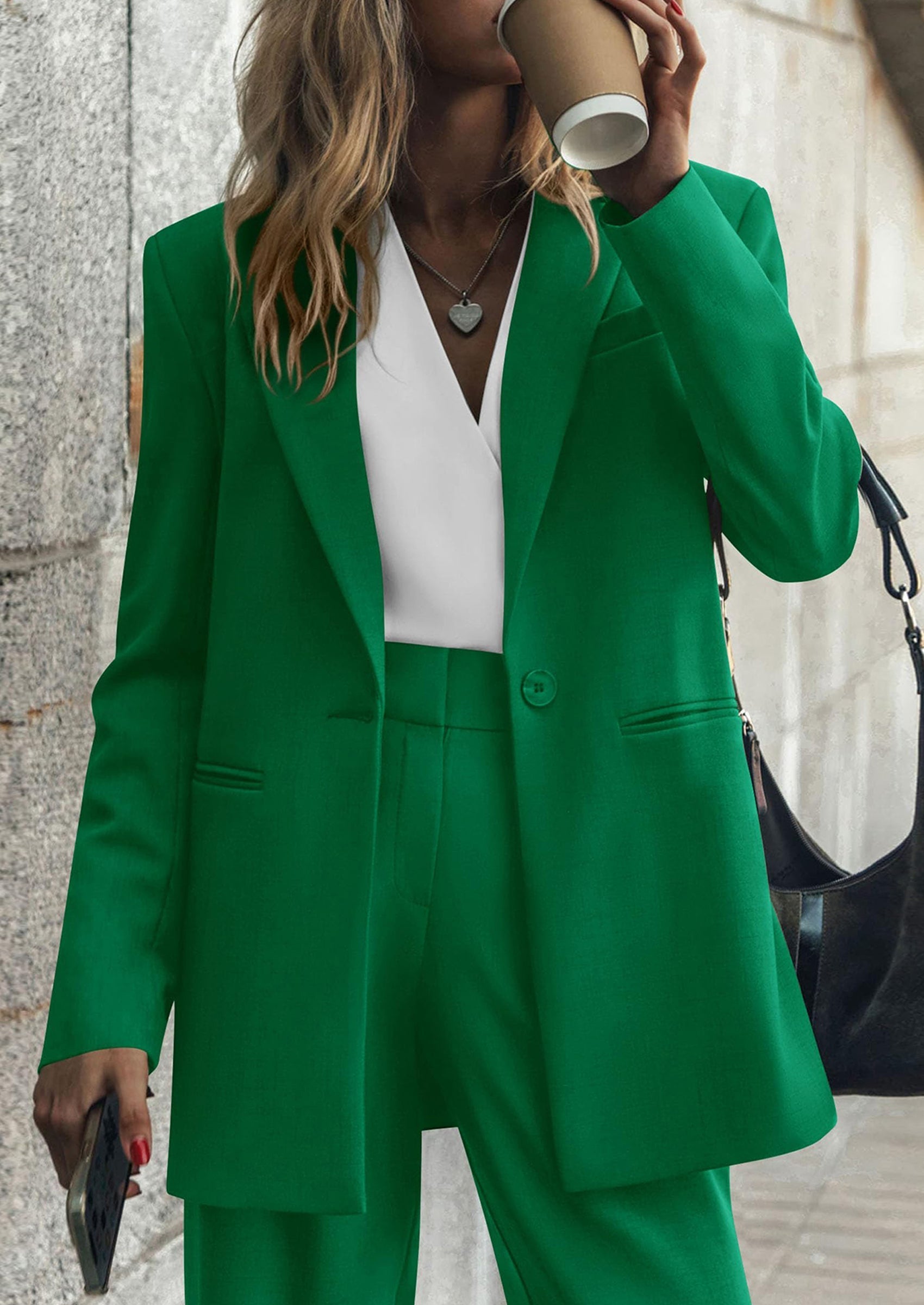 Osonn Women's Fall Two Piece Outfits Dressy Blazer Jacket and Wide Leg Pants Pockets Business Casual Office Suit Sets