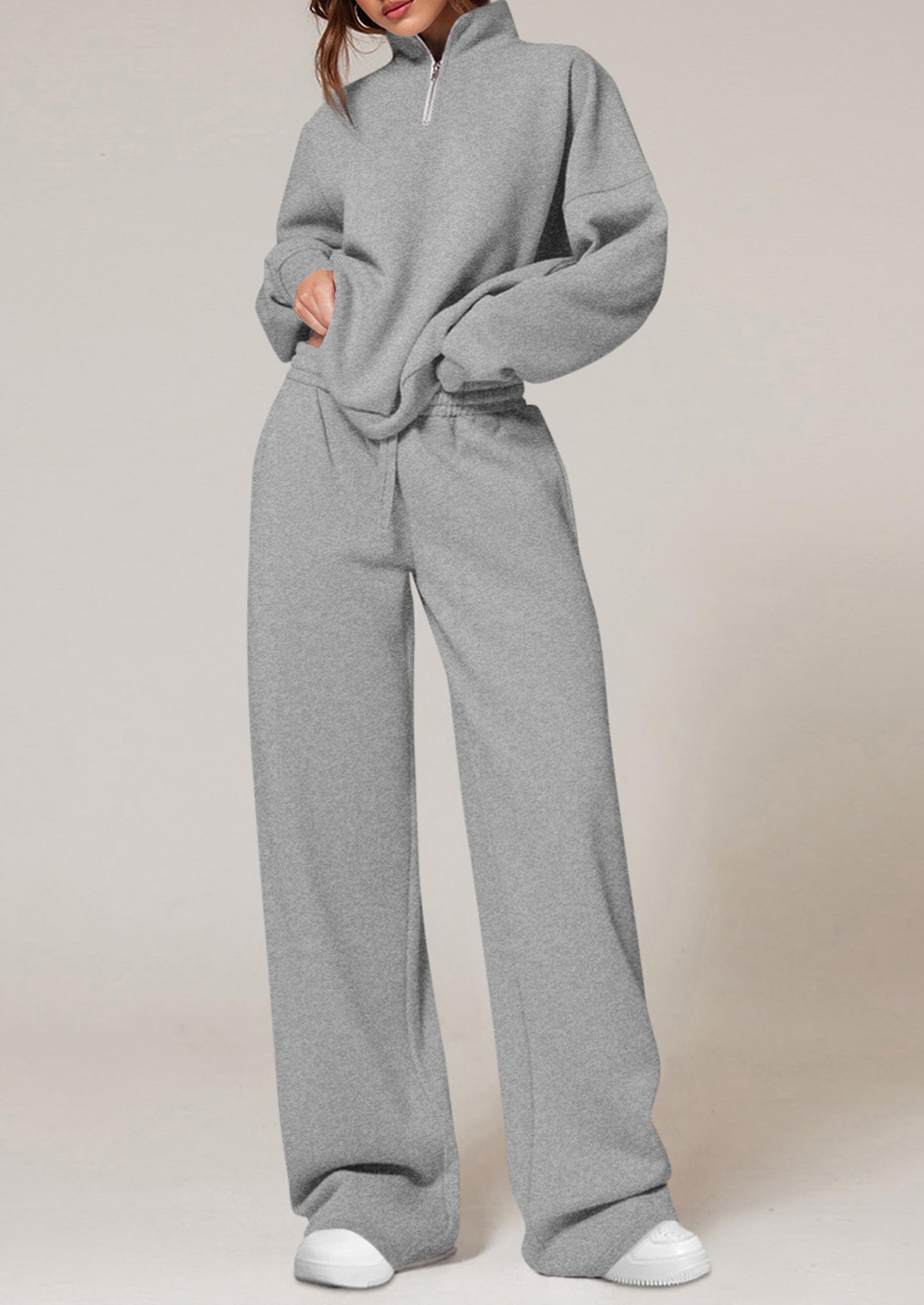 Osonn Womens Casual Two Piece Sets Fall Outfits Quarter Zip Sweatshirts Straight Leg Pants Sweatsuits Tracksuit