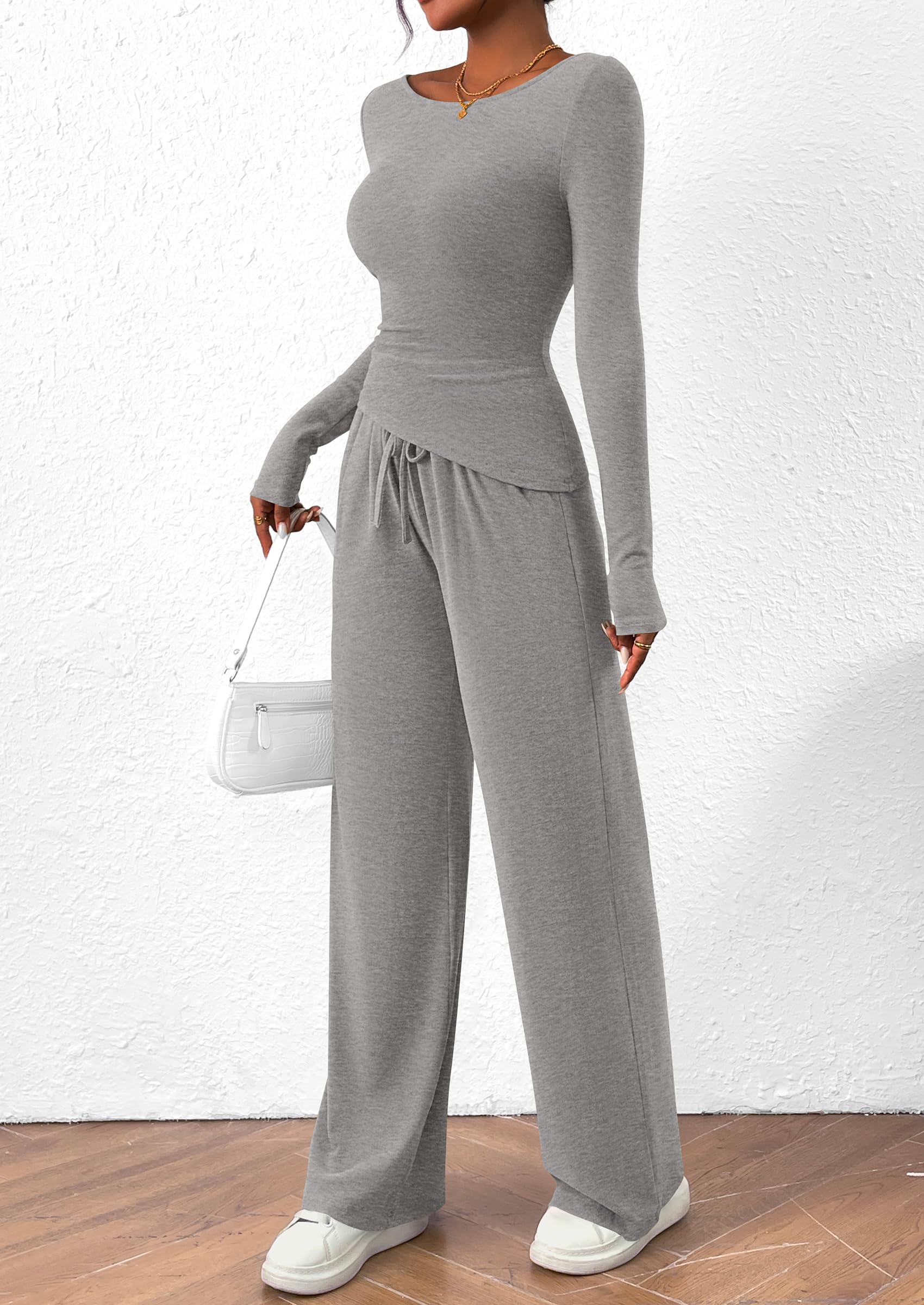 Osonn Women's 2 Piece Lounge Sets Asymmetrical Long Sleeve T Shirt Wide Leg Pants Casual Outfits Tracksuit