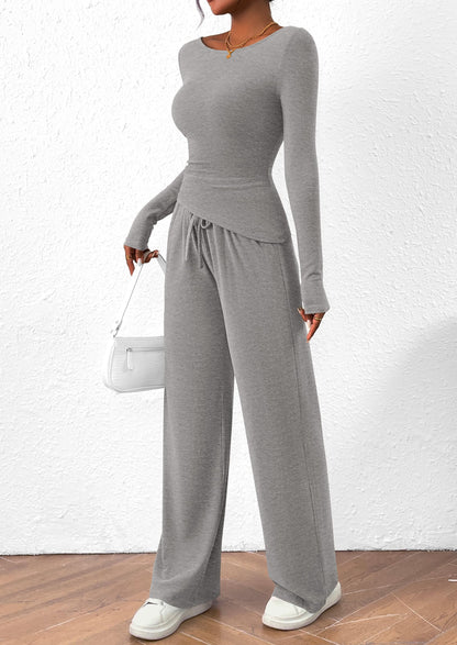 Osonn Women's 2 Piece Lounge Sets Asymmetrical Long Sleeve T Shirt Wide Leg Pants Casual Outfits Tracksuit