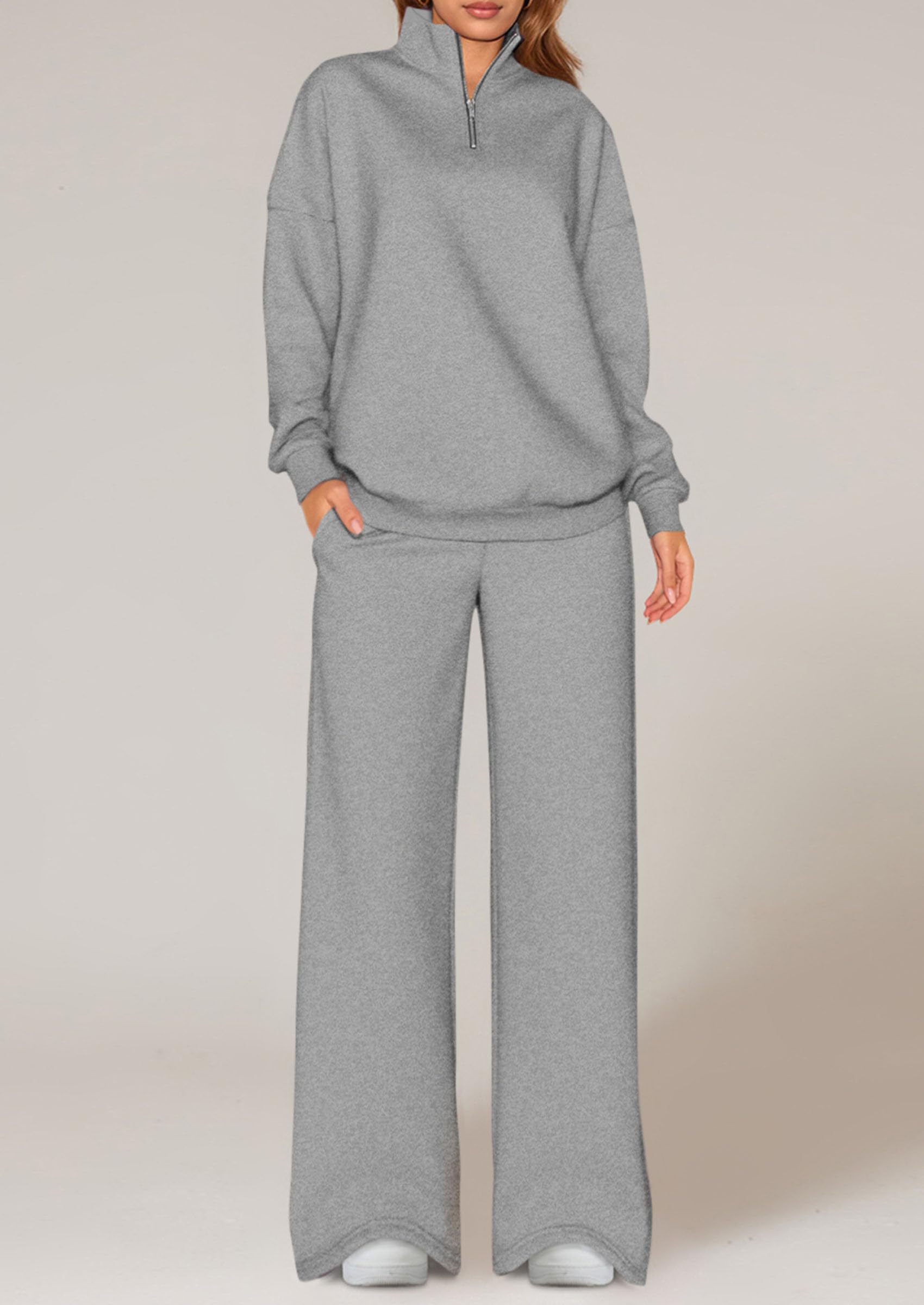 Osonn Womens Casual Two Piece Sets Fall Outfits Quarter Zip Sweatshirts Straight Leg Pants Sweatsuits Tracksuit