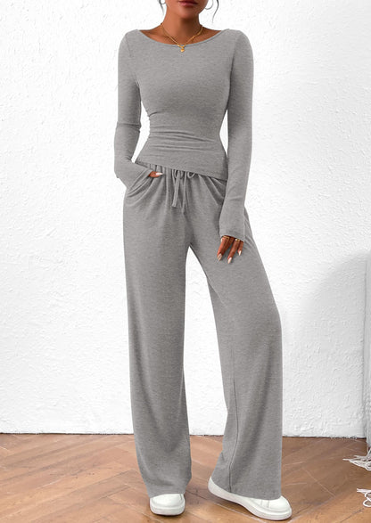Osonn Women's 2 Piece Lounge Sets Asymmetrical Long Sleeve T Shirt Wide Leg Pants Casual Outfits Tracksuit
