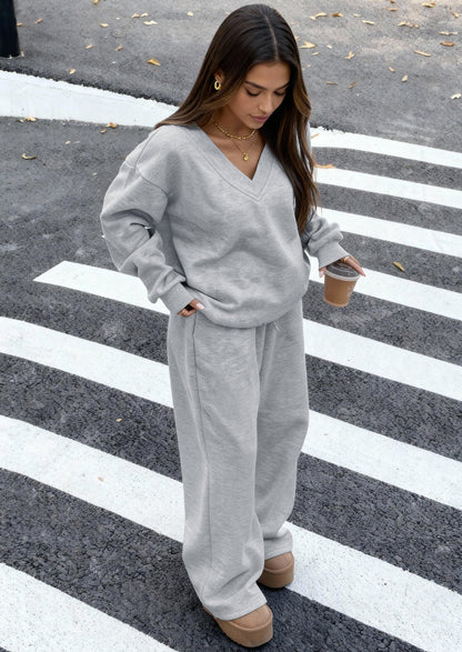 Osonn Casual Winter Two Piece Sets for Women V Neck Sweatshirt Loose Wide Leg Pants Tracksuit Knit Fall Outfits