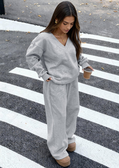 Osonn Casual Winter Two Piece Sets for Women V Neck Sweatshirt Loose Wide Leg Pants Tracksuit Knit Fall Outfits