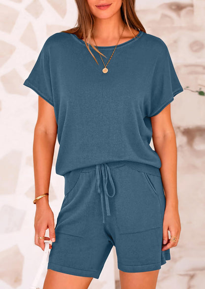 Osonn Two Piece Set for Women Summer Lounge Sets Shorts And Short Sleeve Tops Knitted Matching Travel Spring Outfits