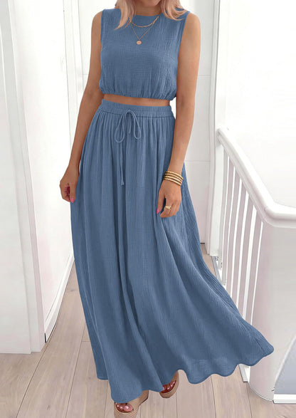 Osonn 2 Piece Sets for Women Summer Outfits Fashion Cotton Sleeveless Crop Top Long Maxi Skirt Set with Pockets