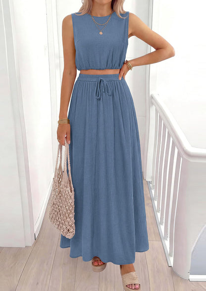 Osonn 2 Piece Sets for Women Summer Outfits Fashion Cotton Sleeveless Crop Top Long Maxi Skirt Set with Pockets