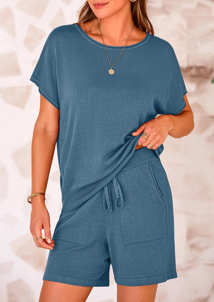 Osonn Two Piece Set for Women Summer Lounge Sets Shorts And Short Sleeve Tops Knitted Matching Travel Spring Outfits