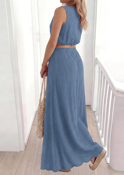 Osonn 2 Piece Sets for Women Summer Outfits Fashion Cotton Sleeveless Crop Top Long Maxi Skirt Set with Pockets