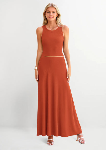 Osonn 2 Piece Maxi Skirt Sets Casual Knit Cropped Tank Top High Waisted Long Skirts Outfit