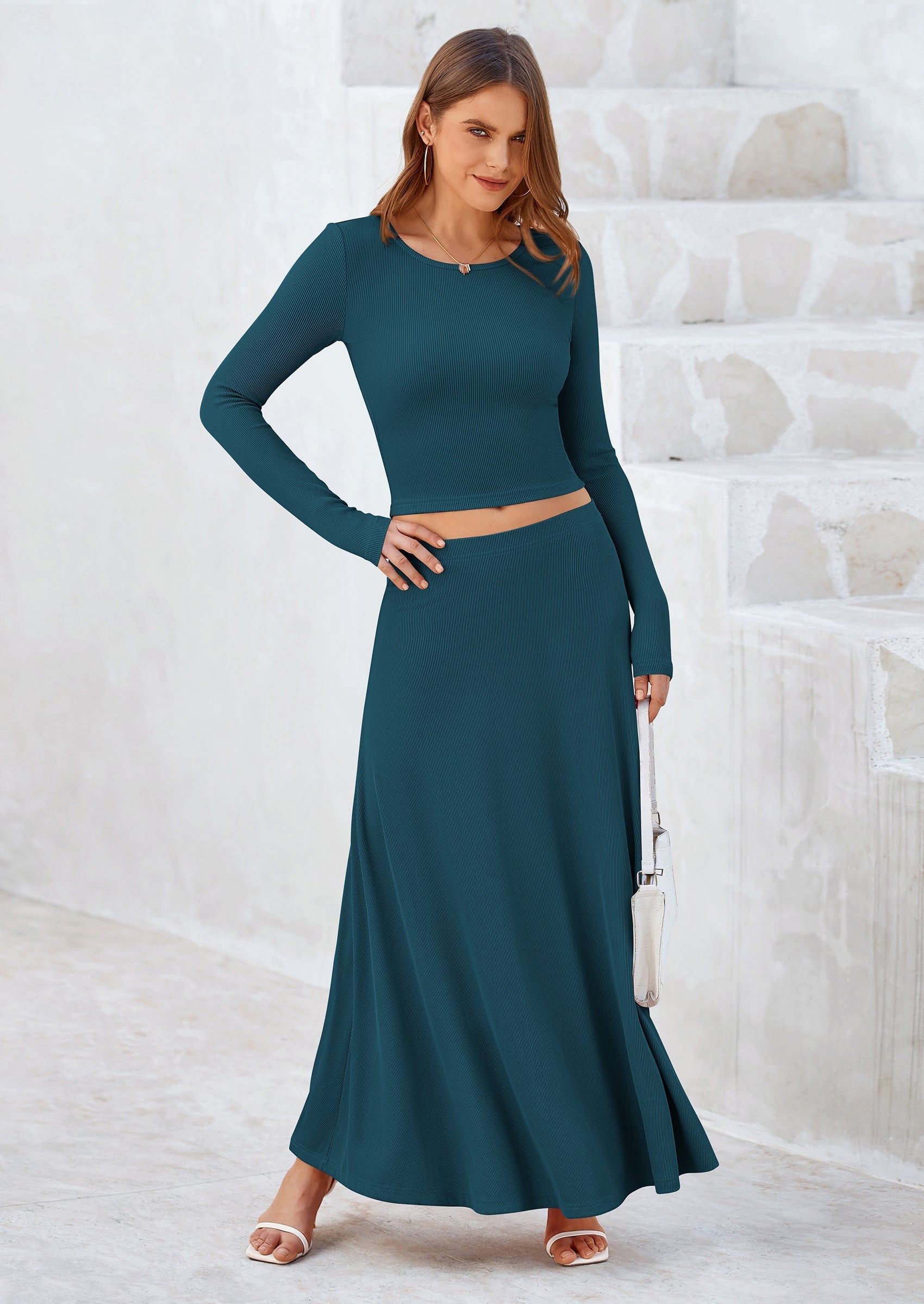 Osonn 2 Piece Casual Ribbed Knit Long Sleeve Crop Tops Maxi Flowy Skirts Matching Sets
