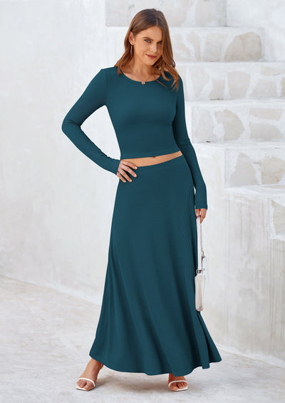 Osonn 2 Piece Casual Ribbed Knit Long Sleeve Crop Tops Maxi Flowy Skirts Matching Sets