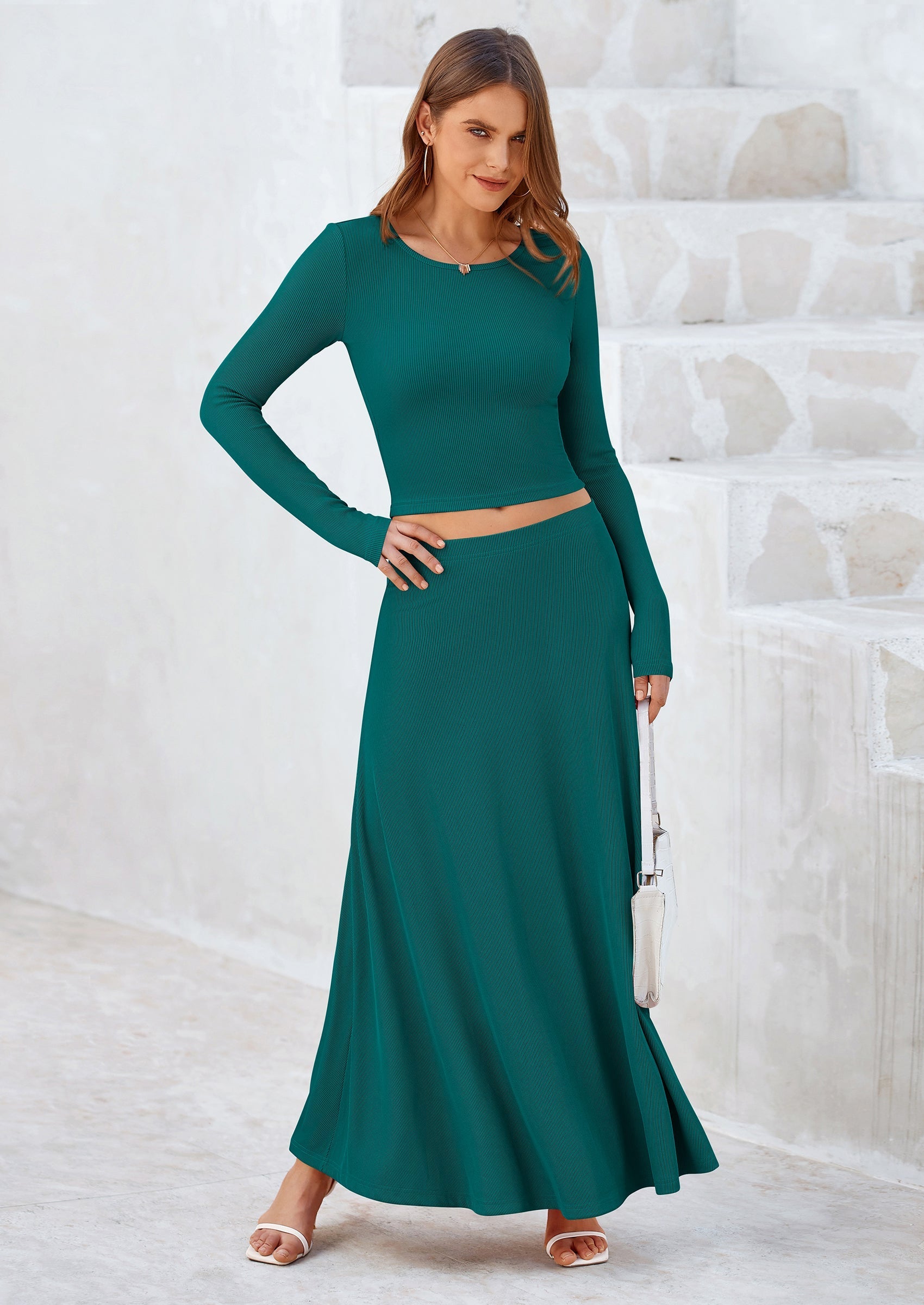 Osonn 2 Piece Casual Ribbed Knit Long Sleeve Crop Tops Maxi Flowy Skirts Matching Sets