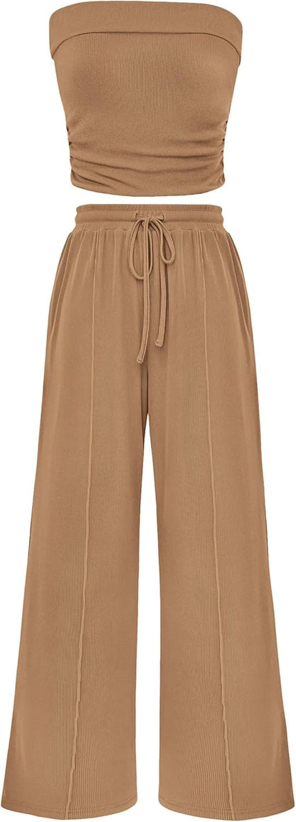 Osonn 2 Piece Sets Casual Ribbed Knit Crop Tube Top Wide Leg Pants Lounge Set